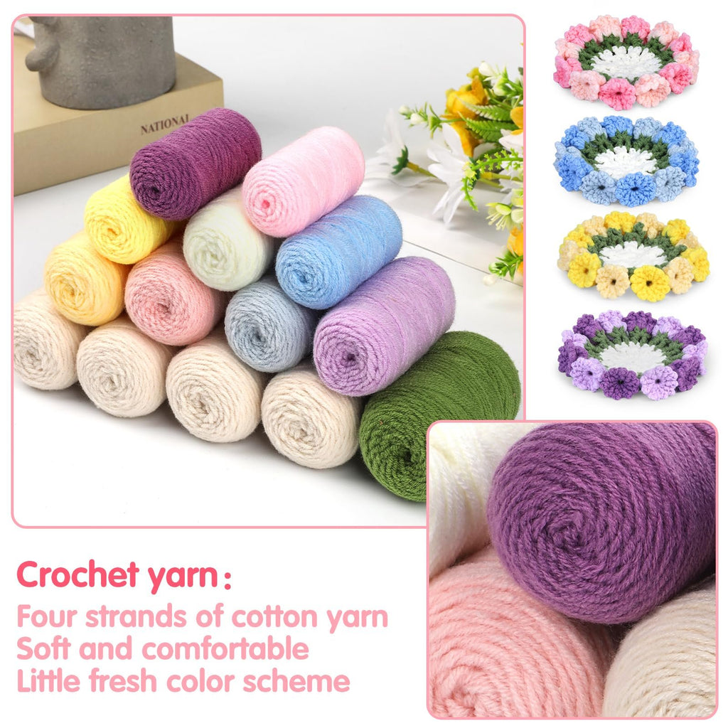 Pile of colorful yarn skeins with finished crochet coasters in the upper right corner and close-up of yarn in the lower right.