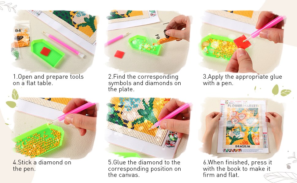 Diamond art kit instructions showing 6 steps from opening tools to finishing the painting.