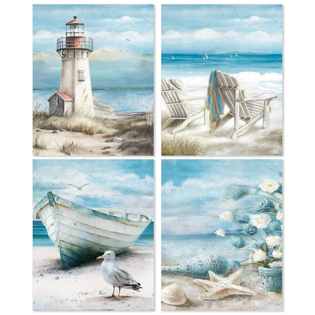 Four diamond art kit canvases showing beach scenes: lighthouse, Adirondack chairs, boat with seagull, and coastal decor.