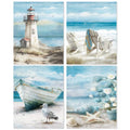 Four diamond art kit canvases showing beach scenes: lighthouse, Adirondack chairs, boat with seagull, and coastal decor.