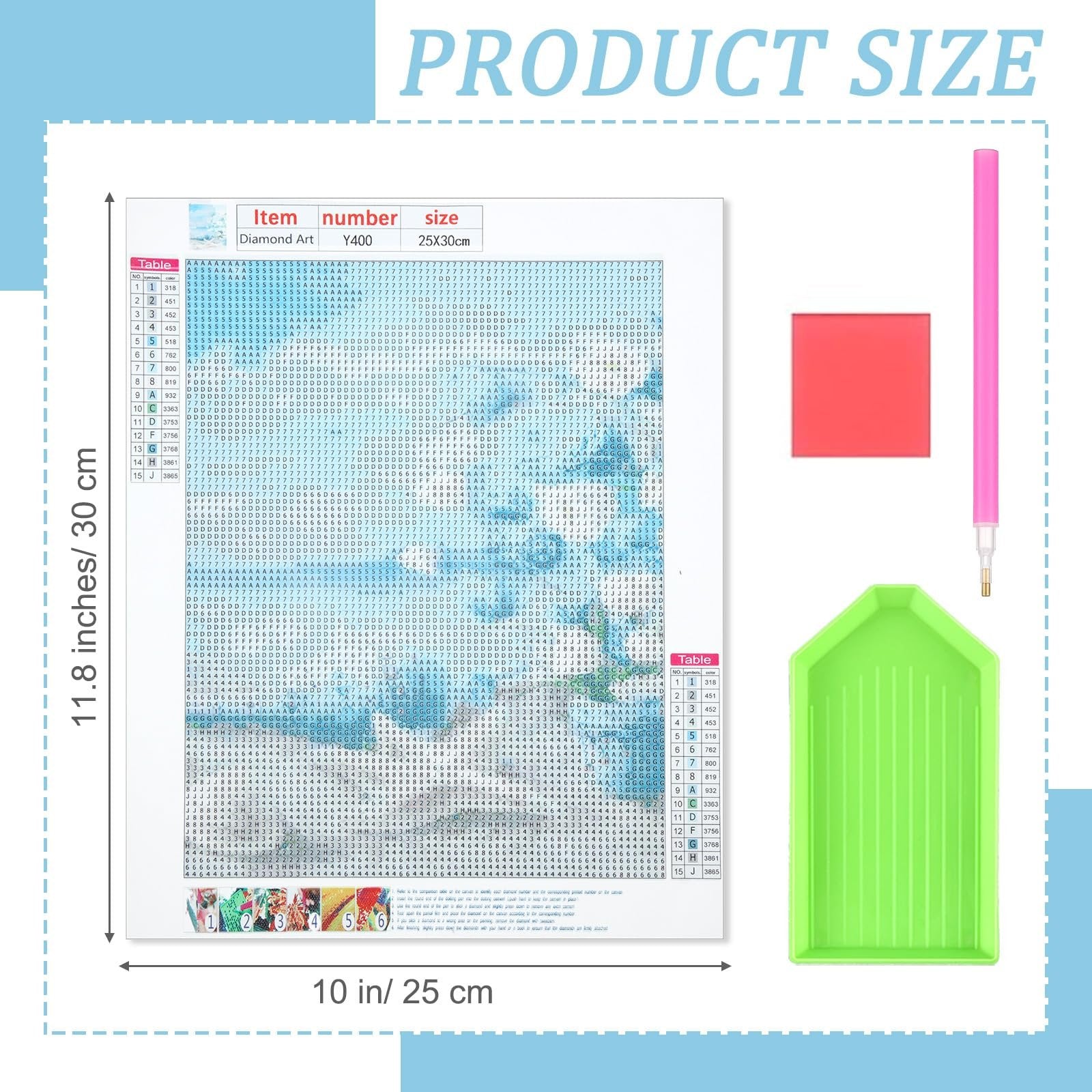 Diamond art kit showing a grid pattern with color codes, a pink drill pen, a red square, and a green tray. Includes size information.