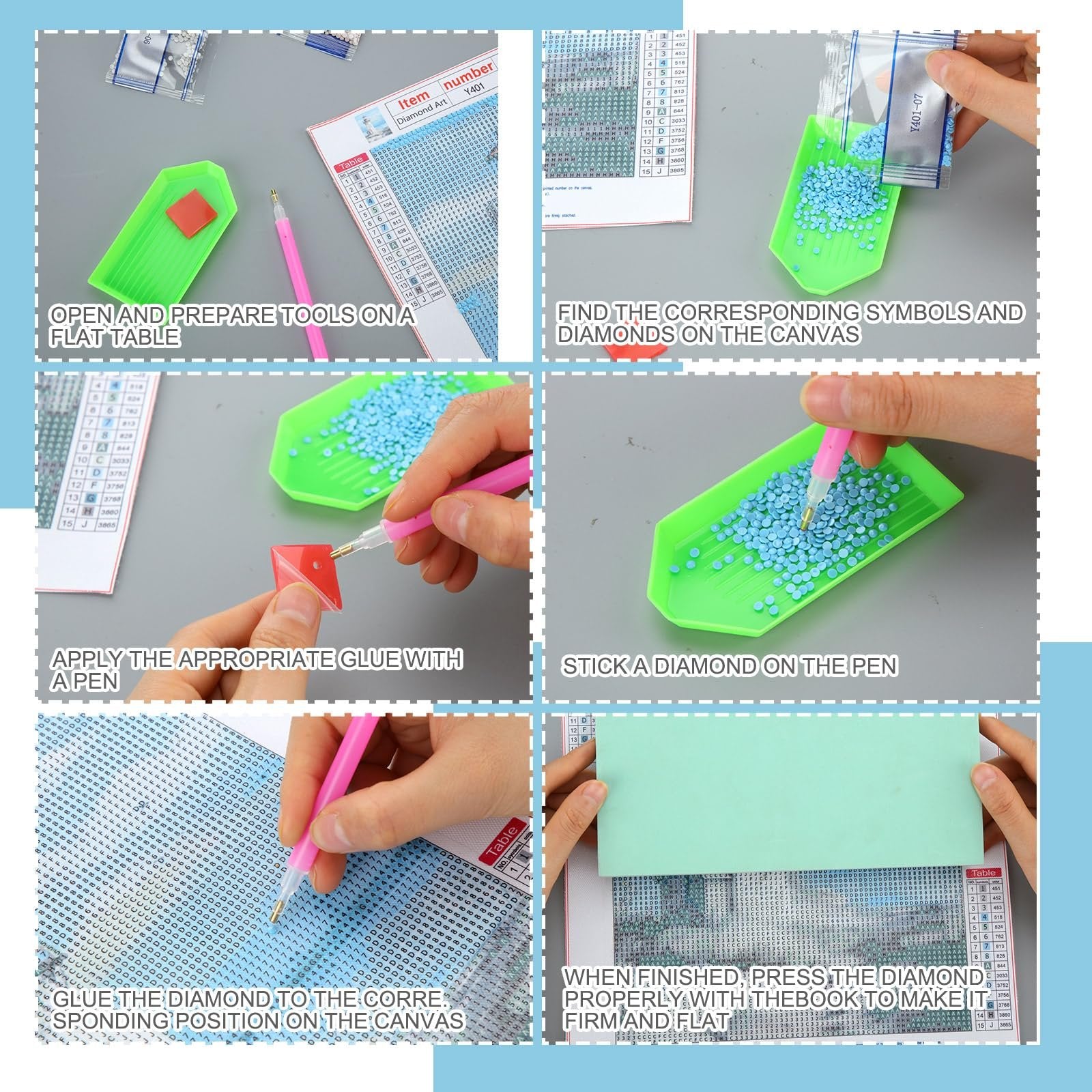 Diamond art kit instructions showing six steps: preparing tools, finding diamonds, applying glue, sticking diamond, placing diamond, and pressing finished art.