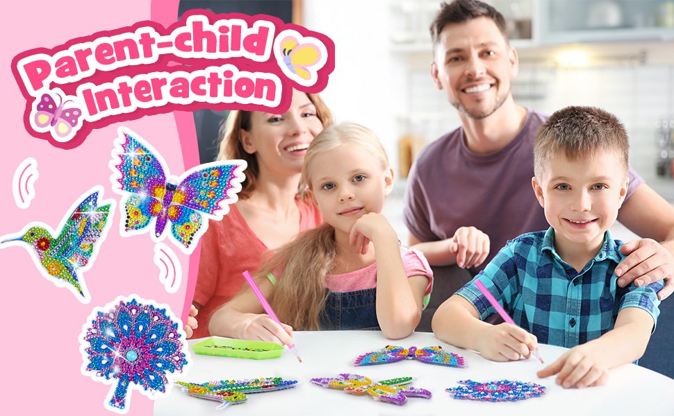 Family doing diamond painting wind chime kits with butterfly, hummingbird, and peacock designs