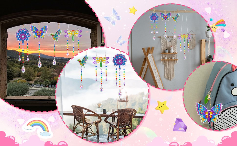 Diamond painting wind chimes featuring butterfly, hummingbird, dragonfly, and floral designs hanging in various settings.