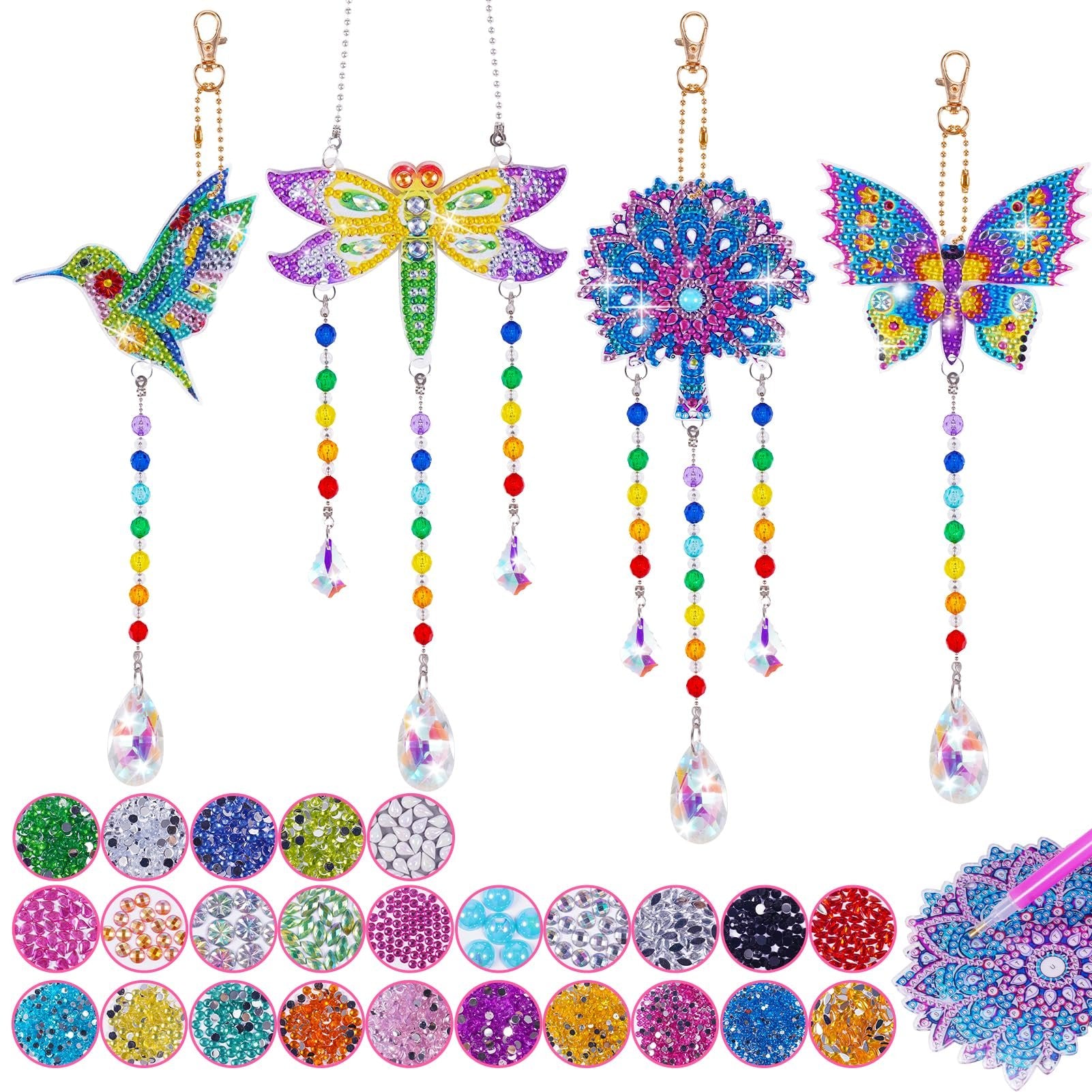 Four diamond painting wind chimes: hummingbird, dragonfly, mandala, and butterfly, with colorful beads and crystals, plus a display of diamond beads and a painting tool.