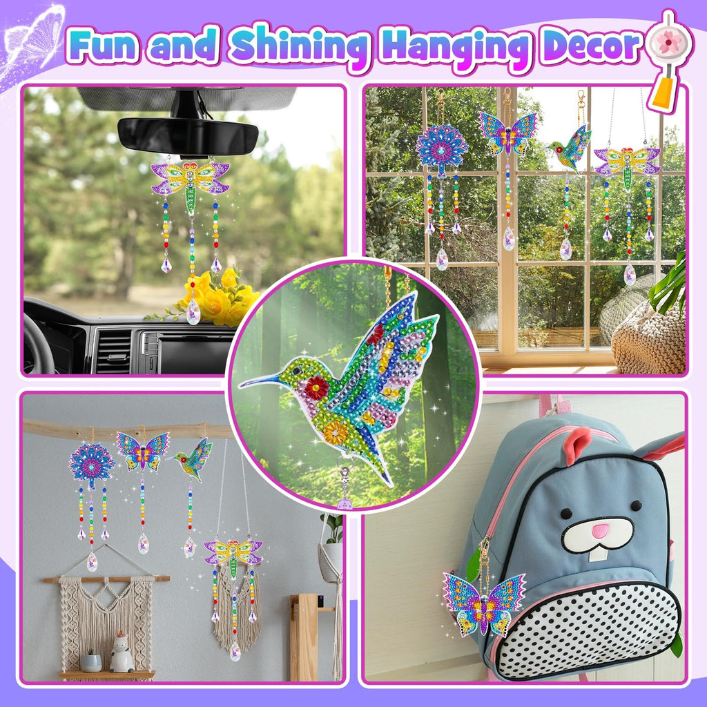 Collage of diamond painting kits featuring birds, butterflies, flowers, and dragonflies as hanging decor.
