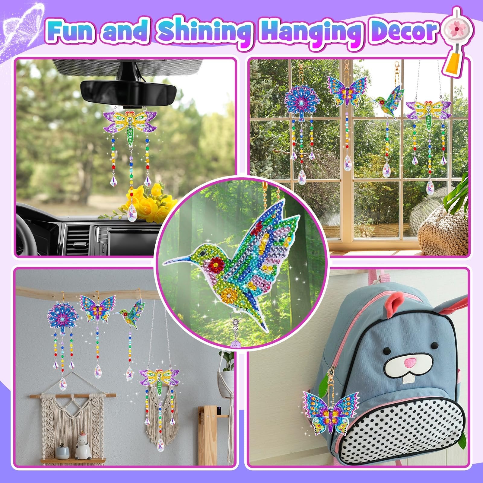 Collage of diamond painting kits featuring birds, butterflies, flowers, and dragonflies as hanging decor.