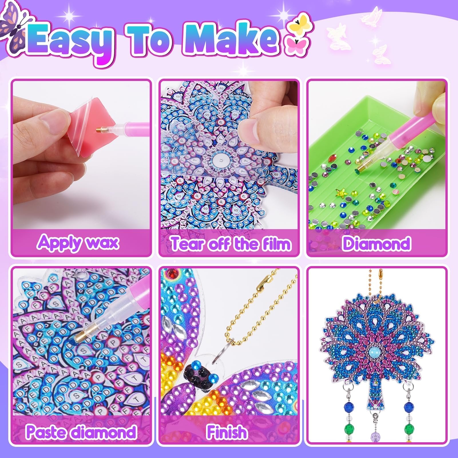 Diamond painting wind chime kit assembly instructions showing wax application, film removal, diamond sorting, pasting, and finishing steps.