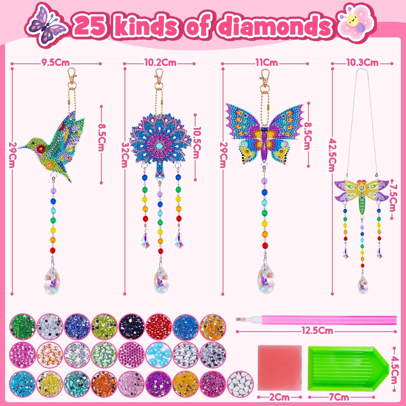 Diamond painting wind chime kit with hummingbird, peacock, butterfly, and dragonfly designs, showing various diamond colors and tools.