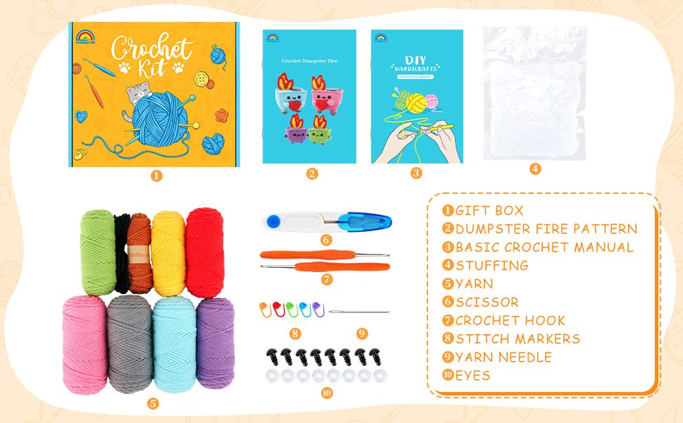 Crochet kit contents laid out with yarn, hooks, scissors, stuffing, and instructions.