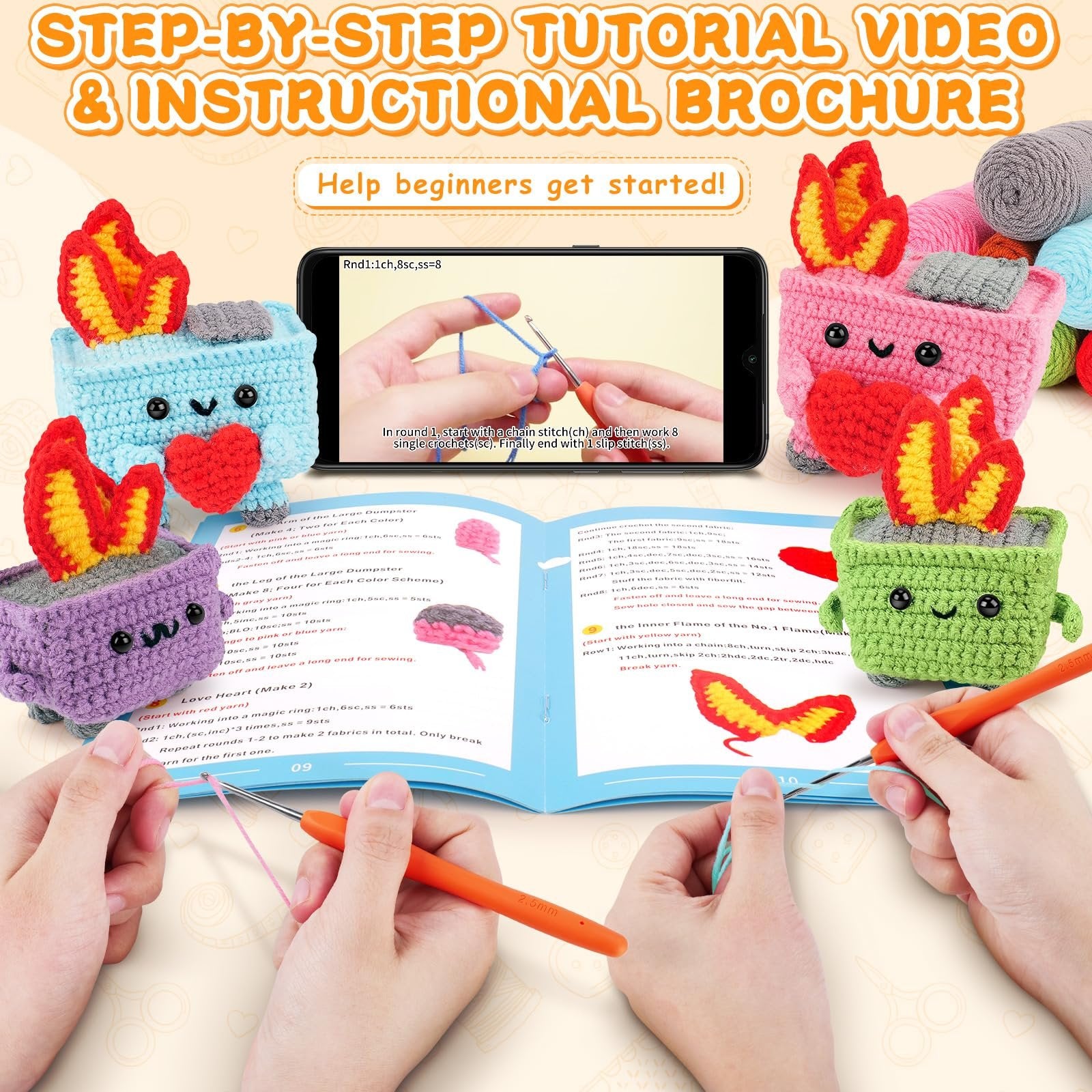 Crochet dumpster fire kit instructions with yarn, crochet hooks, and finished projects. A smartphone shows a video tutorial.