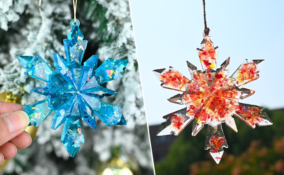 Two large snowflake ornaments, one blue with glitter, the other red with inclusions, displayed against festive and outdoor backgrounds.