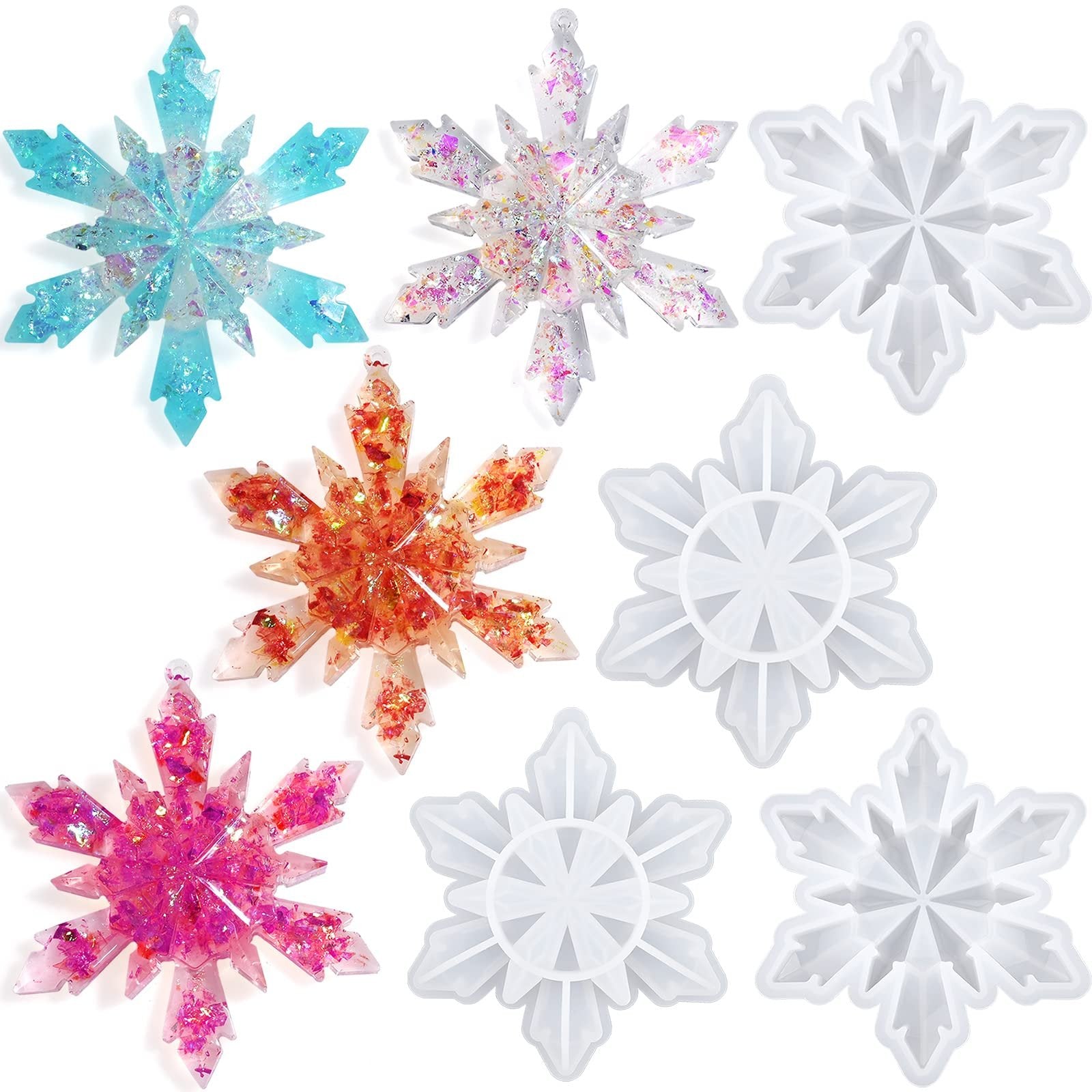 Collection of snowflake resin molds and finished ornaments in blue, pink, orange, and clear glitter finishes.