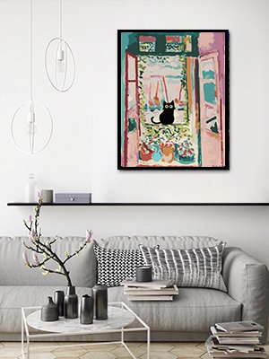 Black cat sitting on a windowsill with potted plants, framed painting in a modern living room