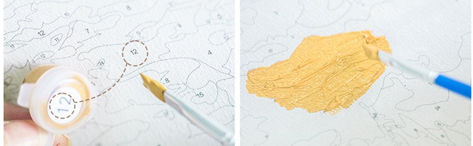 Close-up of paint by number canvas showing numbered sections and a brush with yellow paint.