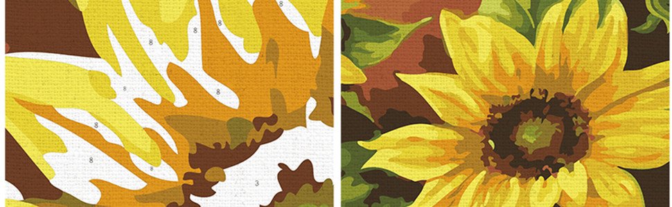 Paint by number canvas showing a partially completed sunflower on the left and a finished sunflower on the right.