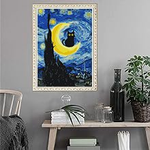 Paint by number canvas featuring a black cat on a crescent moon against a starry night sky, framed and hanging on a wall.