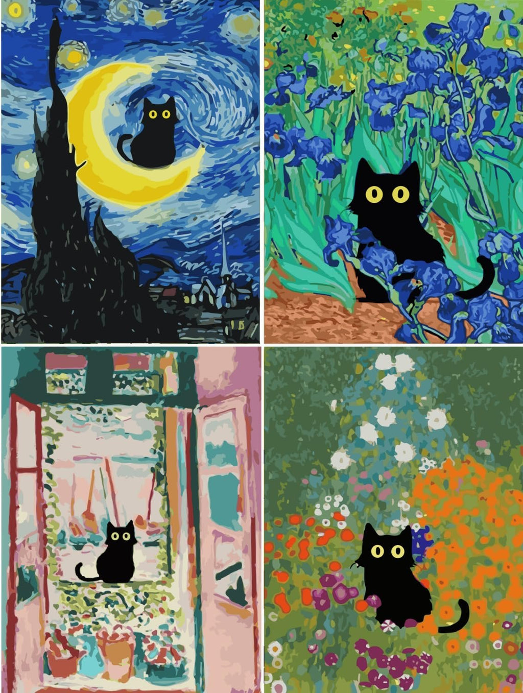 Four paint by number canvases featuring black cats in artistic scenes: starry night, iris garden, window sill, and flower field.