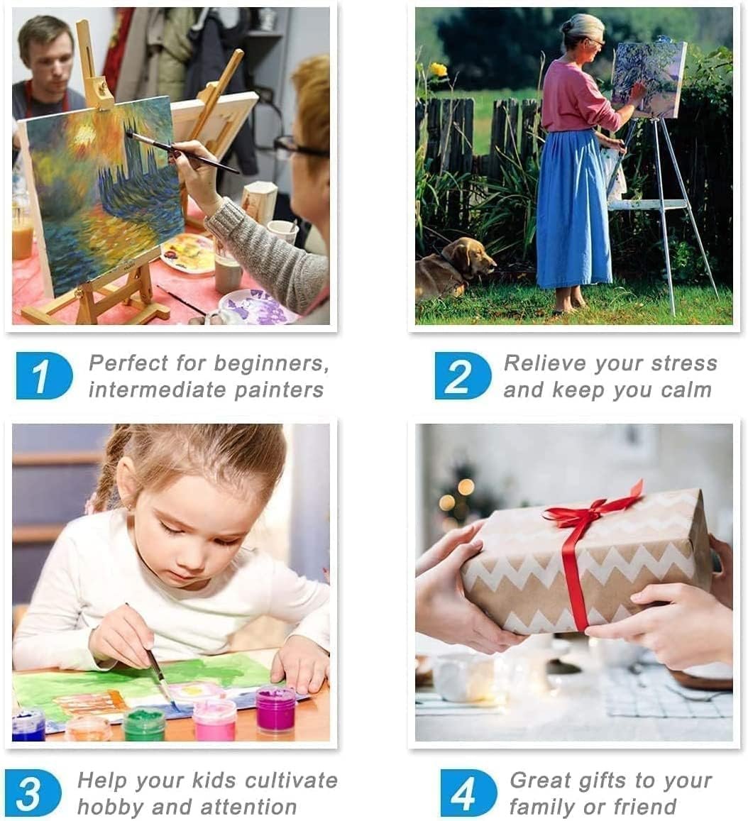 Collage of four images showing paint by number kit benefits: people painting, woman painting outdoors, child painting, and a gift.