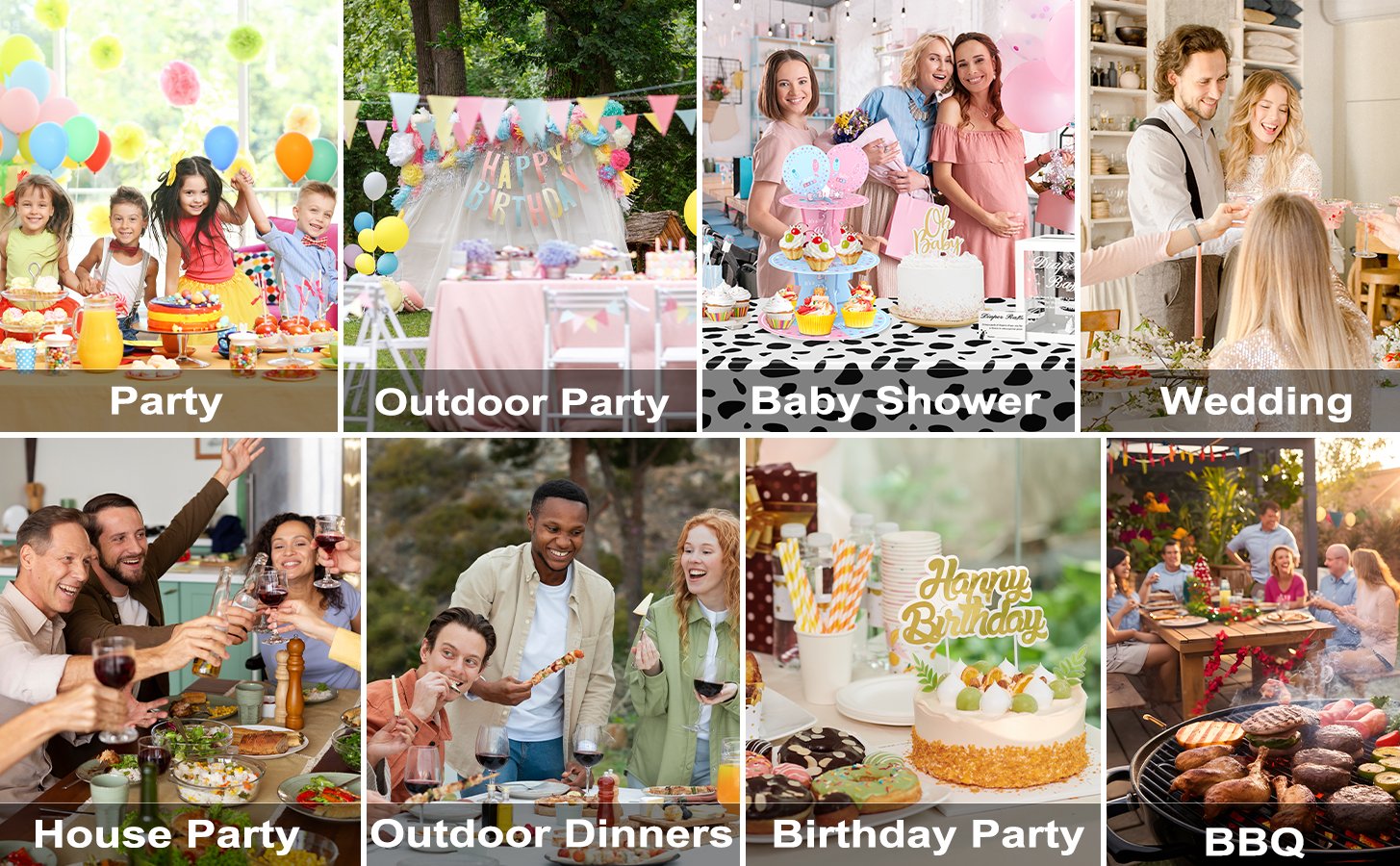 Collage of party scenes including a children's birthday party, outdoor gathering, baby shower, wedding reception, house party, outdoor dinner, birthday party with cake, and a BBQ.