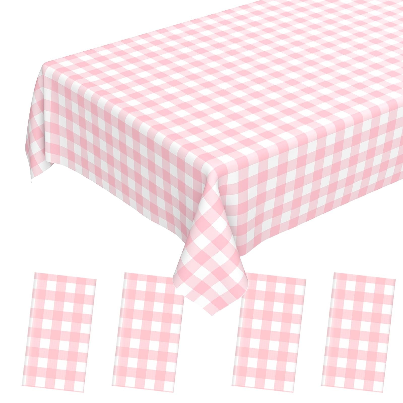 Pink gingham disposable plastic tablecloth and four matching napkins on a white background