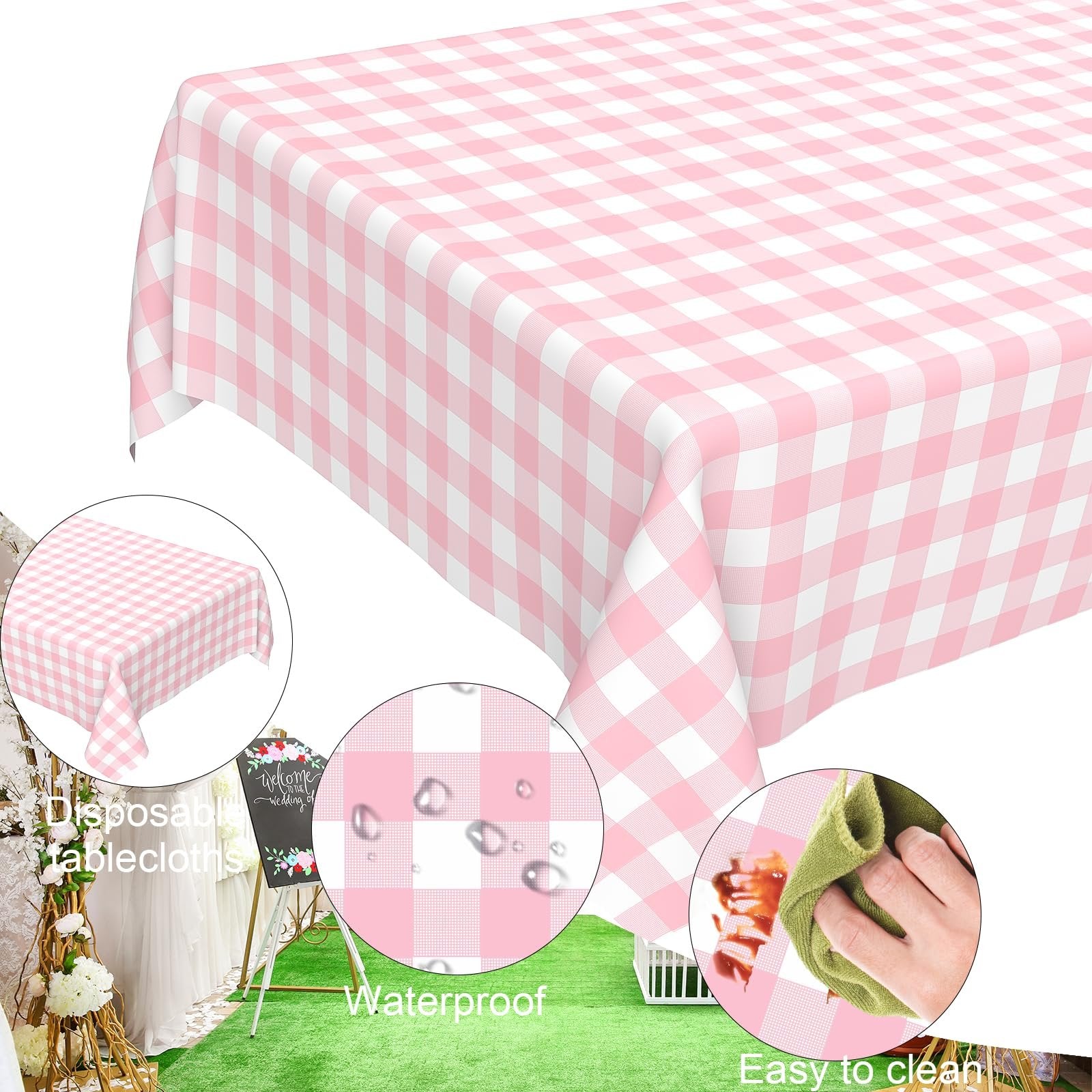Pink gingham disposable plastic tablecloth draped over a surface, with inset images showing a close-up of the pattern, water droplets, and a hand wiping a spill.