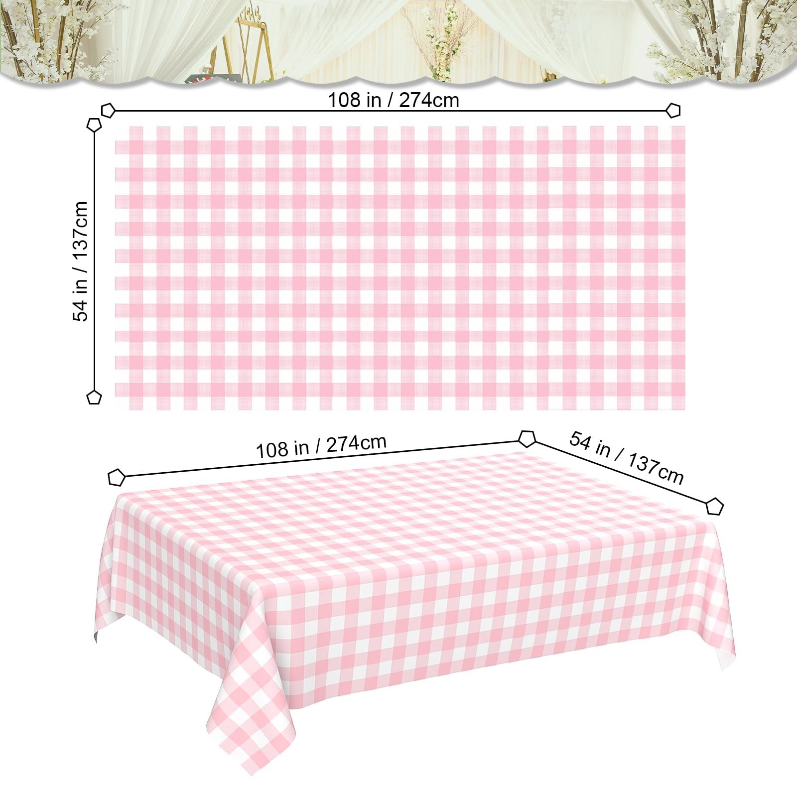 Pink gingham disposable plastic tablecloth shown flat and on a table, with dimensions labeled.
