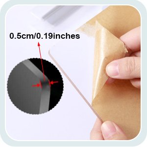 Close-up of a hand peeling protective paper from a clear acrylic sheet, with an inset showing the thickness measurement of 0.5cm/0.19 inches.
