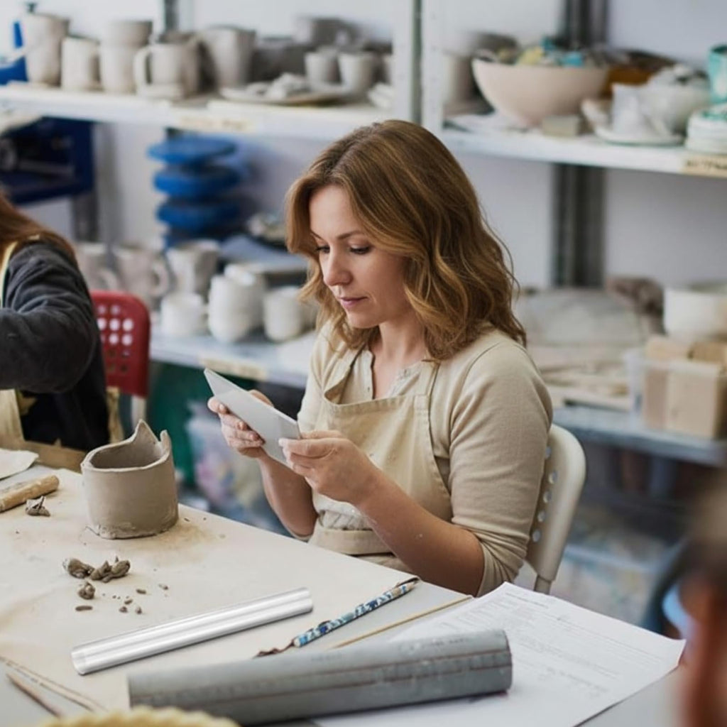 Woman in pottery studio working with clay and tools, including an acrylic roller.