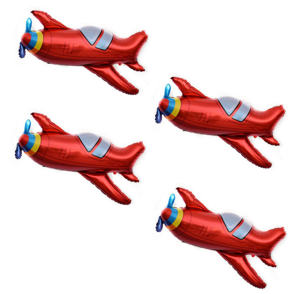 Four red foil airplane balloons with blue propellers and gray windows, arranged in a grid on a white background.