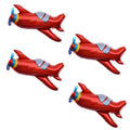 Four red foil airplane balloons with blue propellers and gray windows, arranged in a grid on a white background.