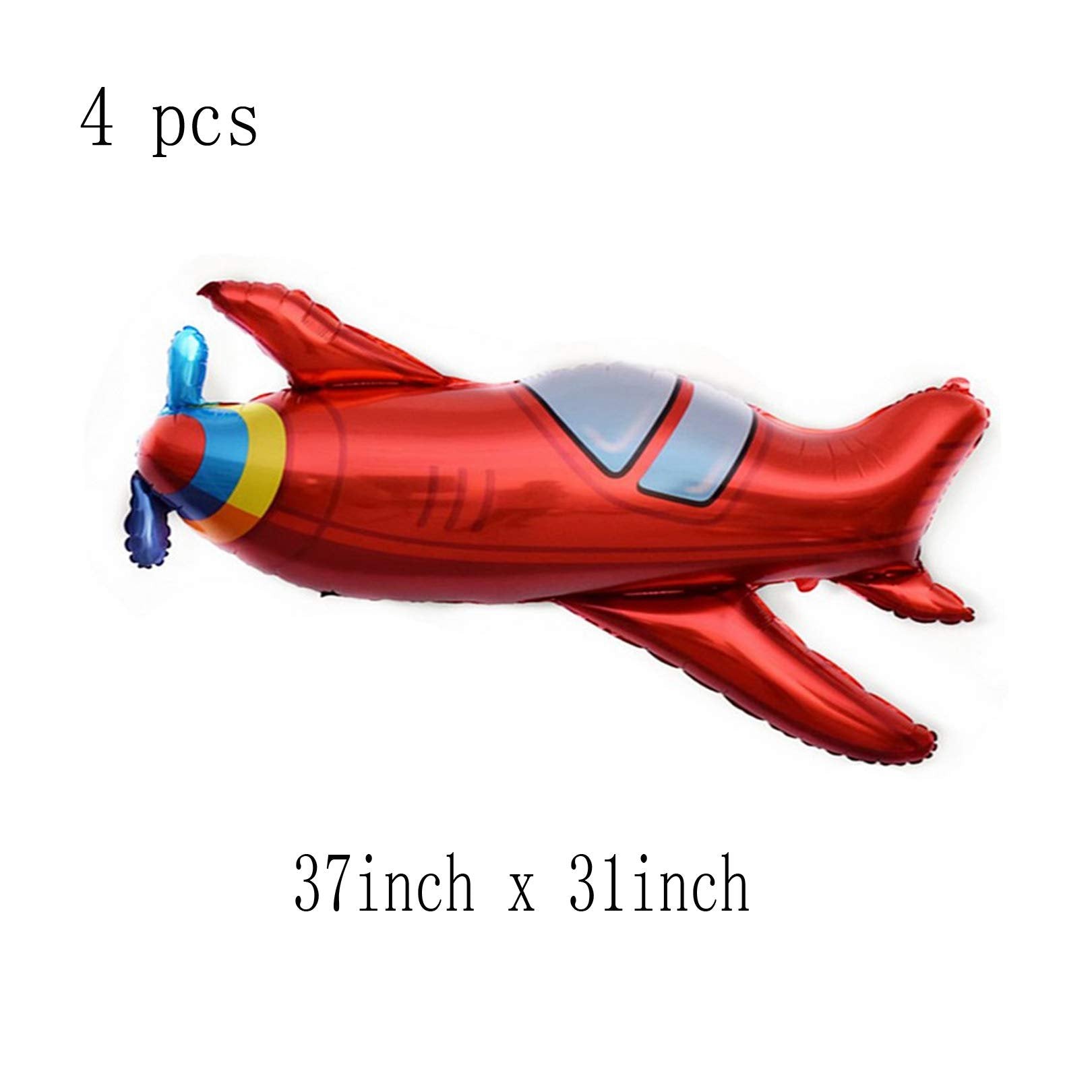 Red airplane foil balloon with blue propeller and gray windows, 37 inches x 31 inches