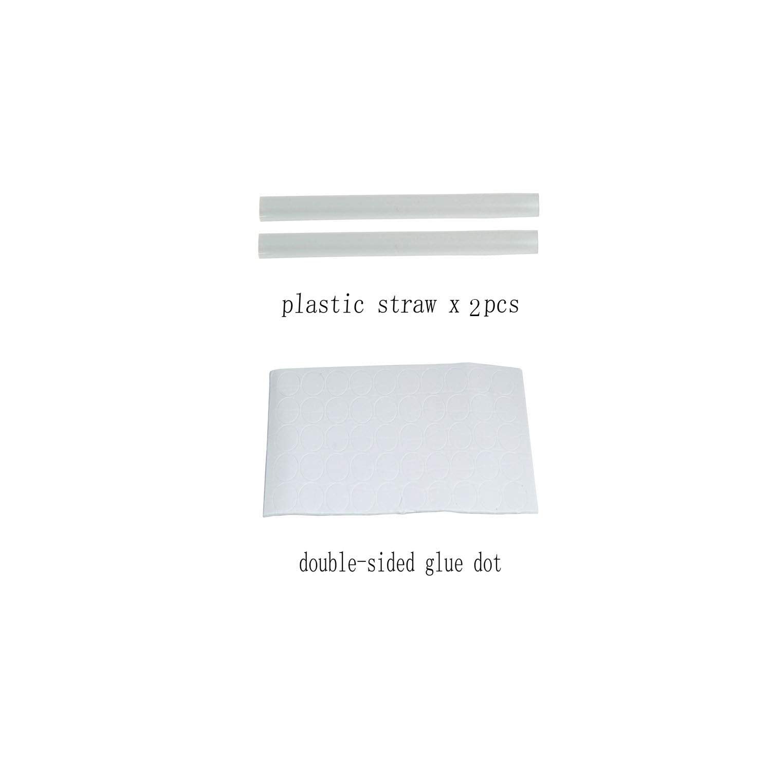 Two plastic straws and a sheet of double-sided glue dots on a white background