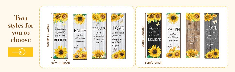 Two sets of four sunflower wooden wall decor signs with inspirational text and butterflies, showing dimensions.