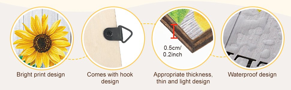Four circular close-ups of sunflower wooden wall decor: bright print, hook attachment, thickness measurement, and waterproof surface.