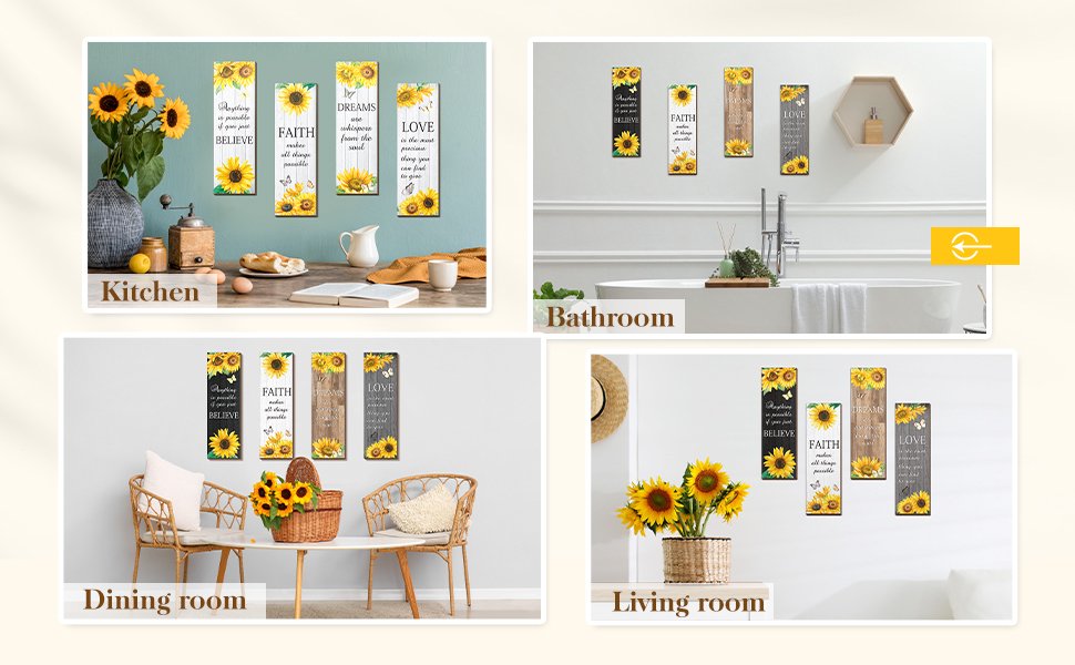 Four sunflower wooden wall decor pieces displayed in kitchen, bathroom, dining room, and living room settings.