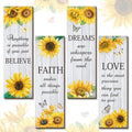 Four wooden wall decor signs with sunflowers and inspirational quotes: Believe, Faith, Dreams, Love.
