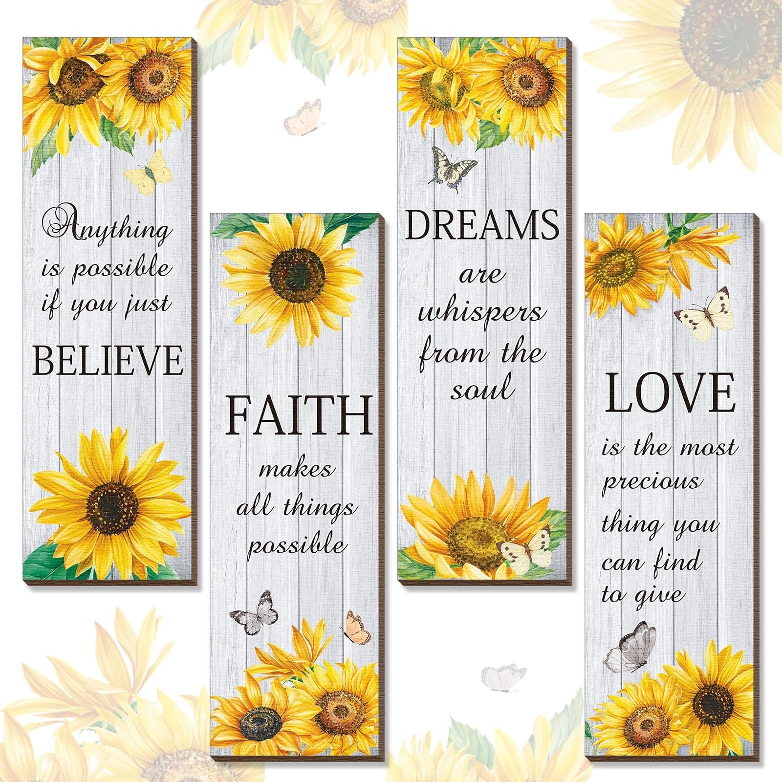 Four wooden wall decor signs with sunflowers and inspirational quotes: Believe, Faith, Dreams, Love.