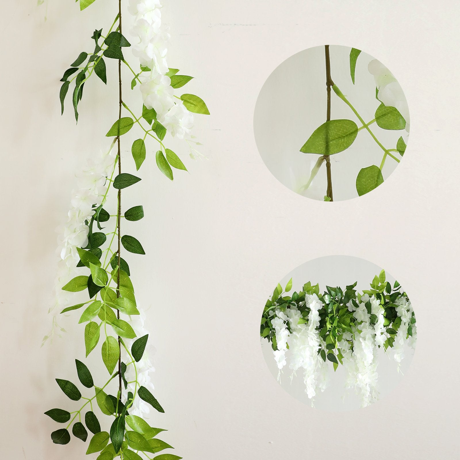 White wisteria garland with green leaves, shown hanging against a light background with close-up insets.