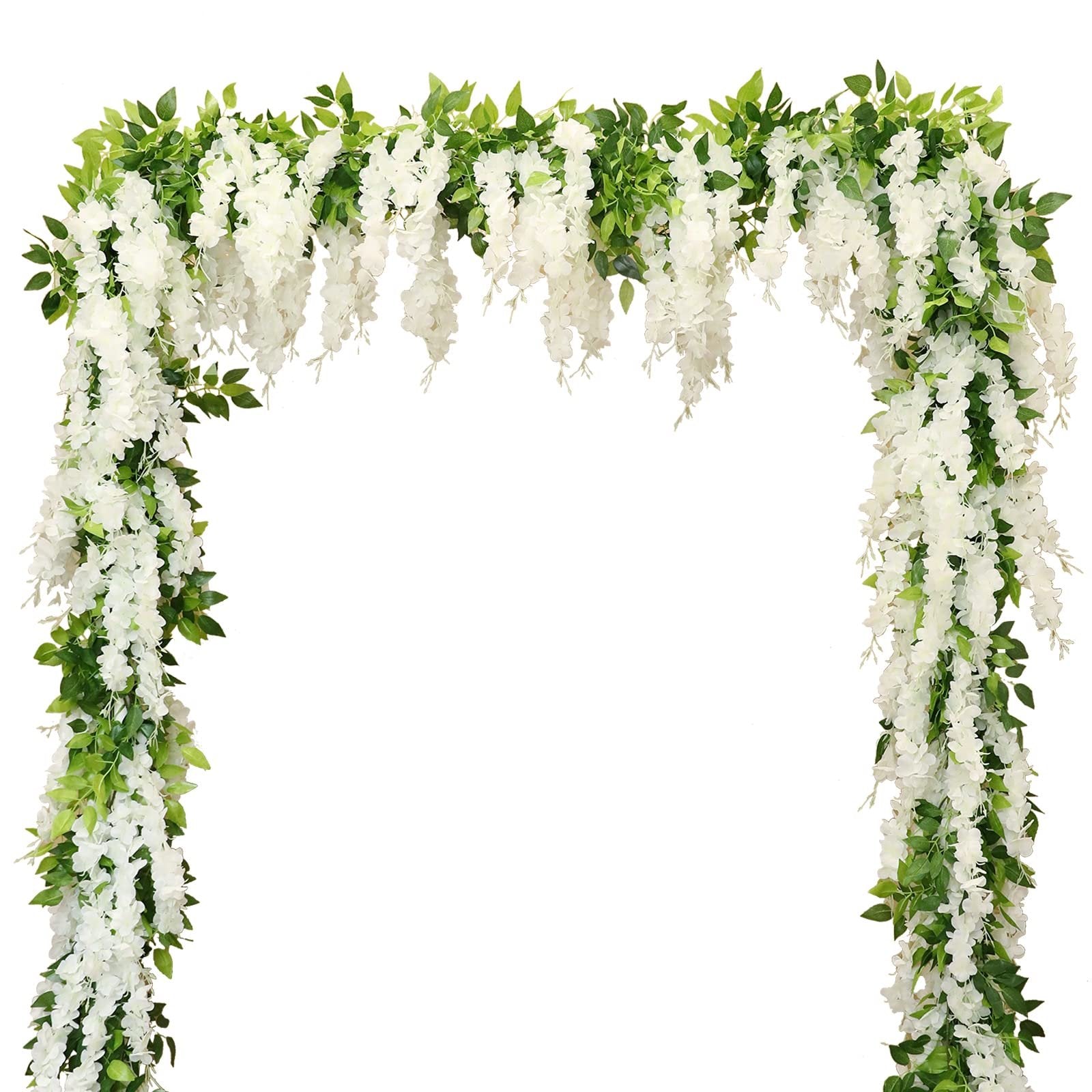 White wisteria garland with green leaves draped in an arch shape against a white background