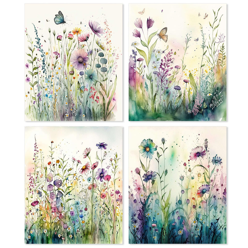 Four watercolor paintings of wildflowers and butterflies, arranged in a 2x2 grid.