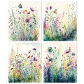 Four watercolor paintings of wildflowers and butterflies, arranged in a 2x2 grid.