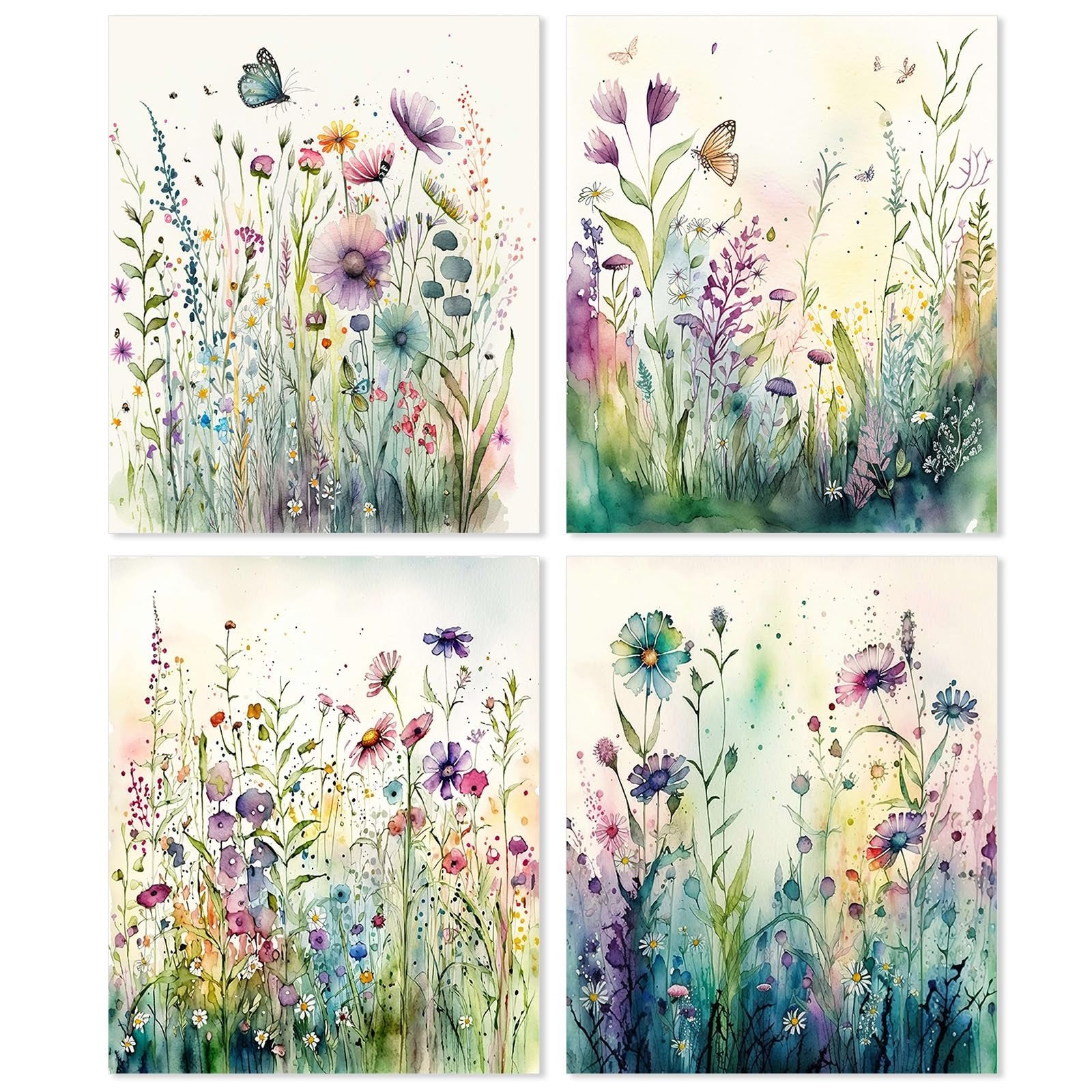 Four watercolor paintings of wildflowers and butterflies, arranged in a 2x2 grid.