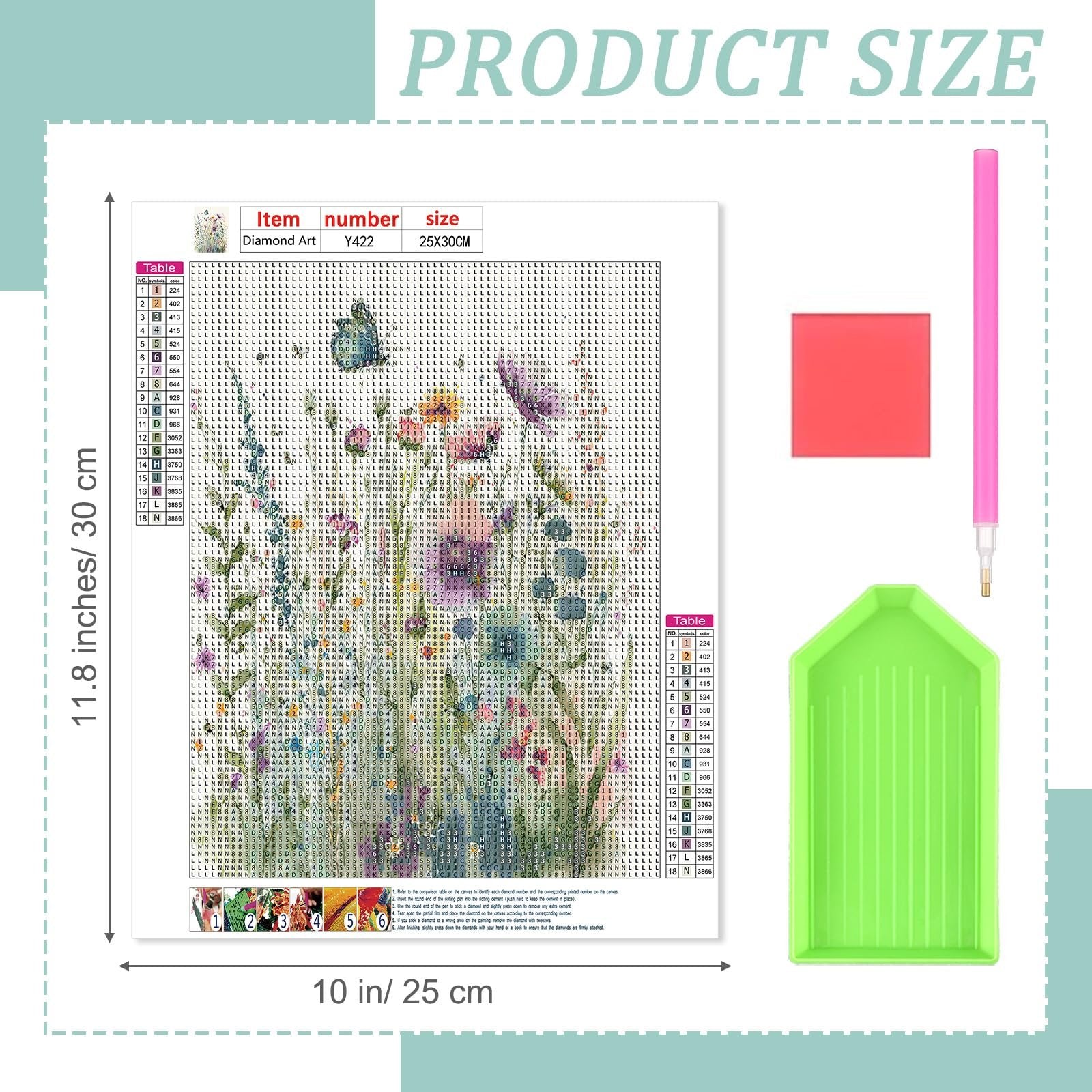Diamond art kit with wildflower design, showing the canvas with symbols, color key, and tools like a tray and pen.
