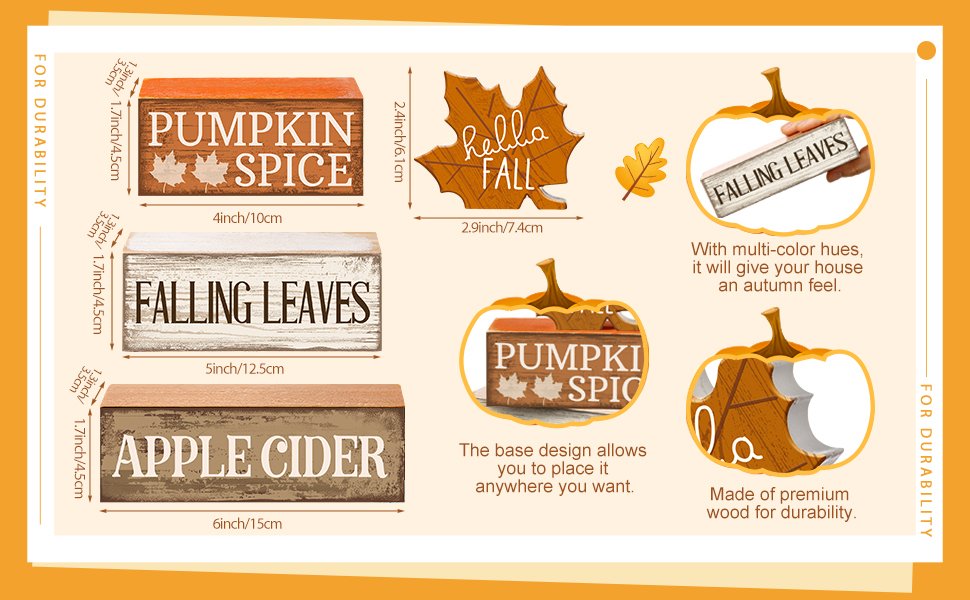 Four-piece wood Thanksgiving table decor set featuring signs for Pumpkin Spice, Falling Leaves, and Apple Cider, plus a leaf-shaped sign saying hello FALL.