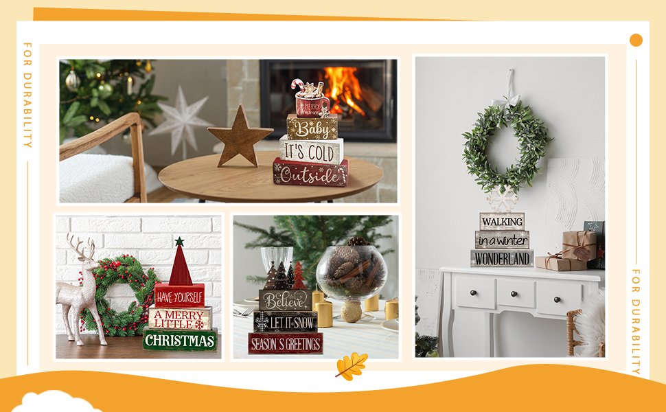 Collage of holiday decor including stacked wooden blocks with text, wreaths, and a reindeer.