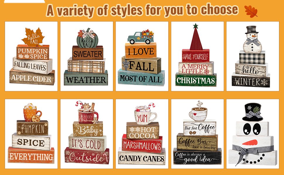 Collage of stacked wooden block decor sets for fall, winter, and Christmas holidays.