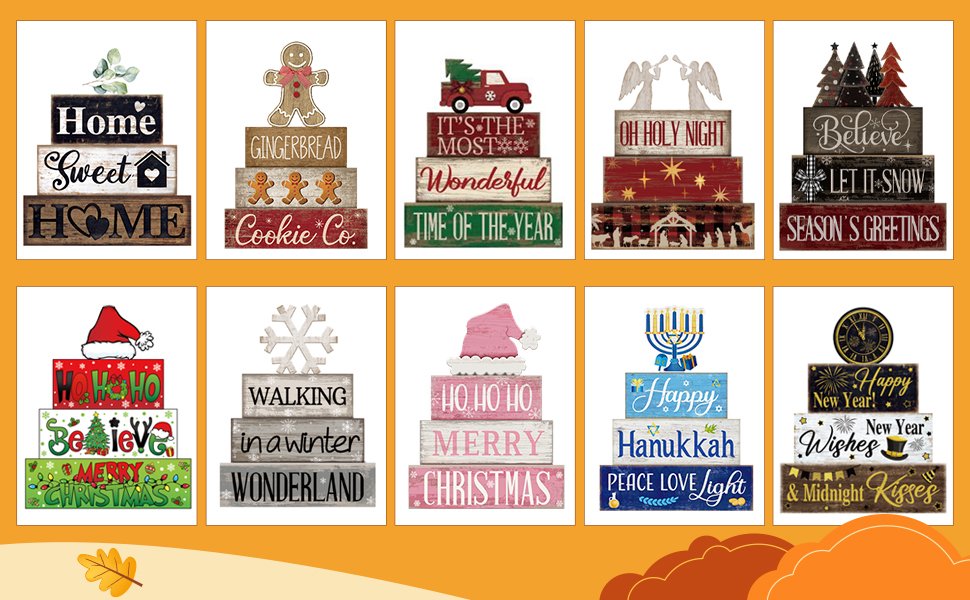 Collage of ten stacked wooden holiday signs with various festive themes like Christmas, Hanukkah, and New Year.