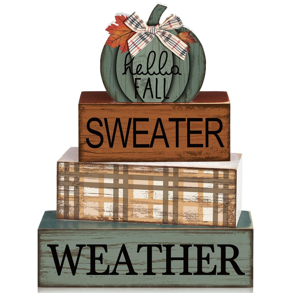 Stack of four wooden fall-themed decor blocks with a pumpkin on top, reading 'hello FALL', 'SWEATER', and 'WEATHER'.