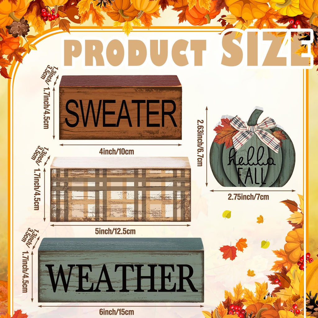 Four-piece wood Thanksgiving decor set showing three stacked blocks and a pumpkin sign with dimensions labeled.